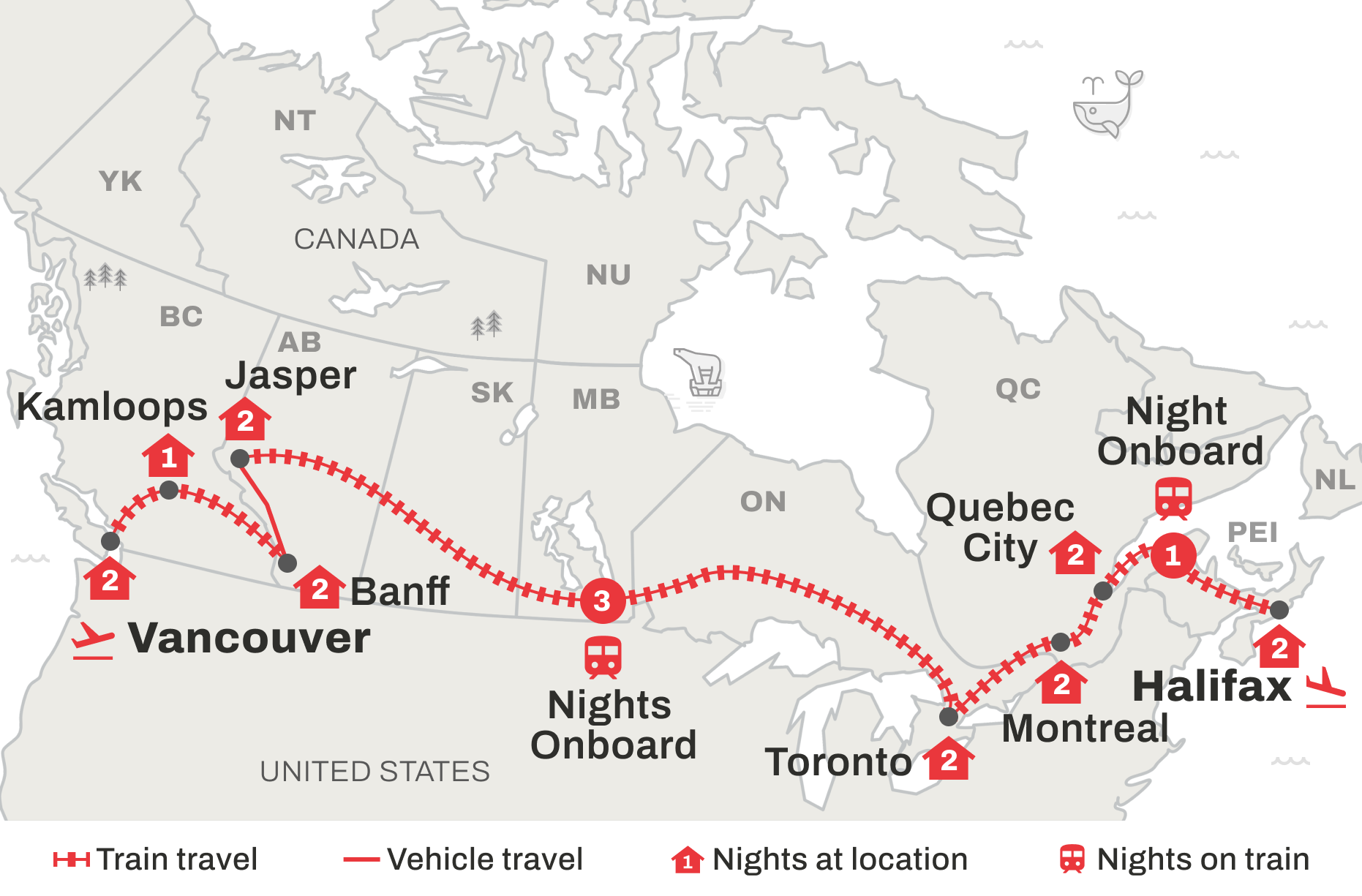 Canadian Itinerary map from coast to coast starting in Halifax