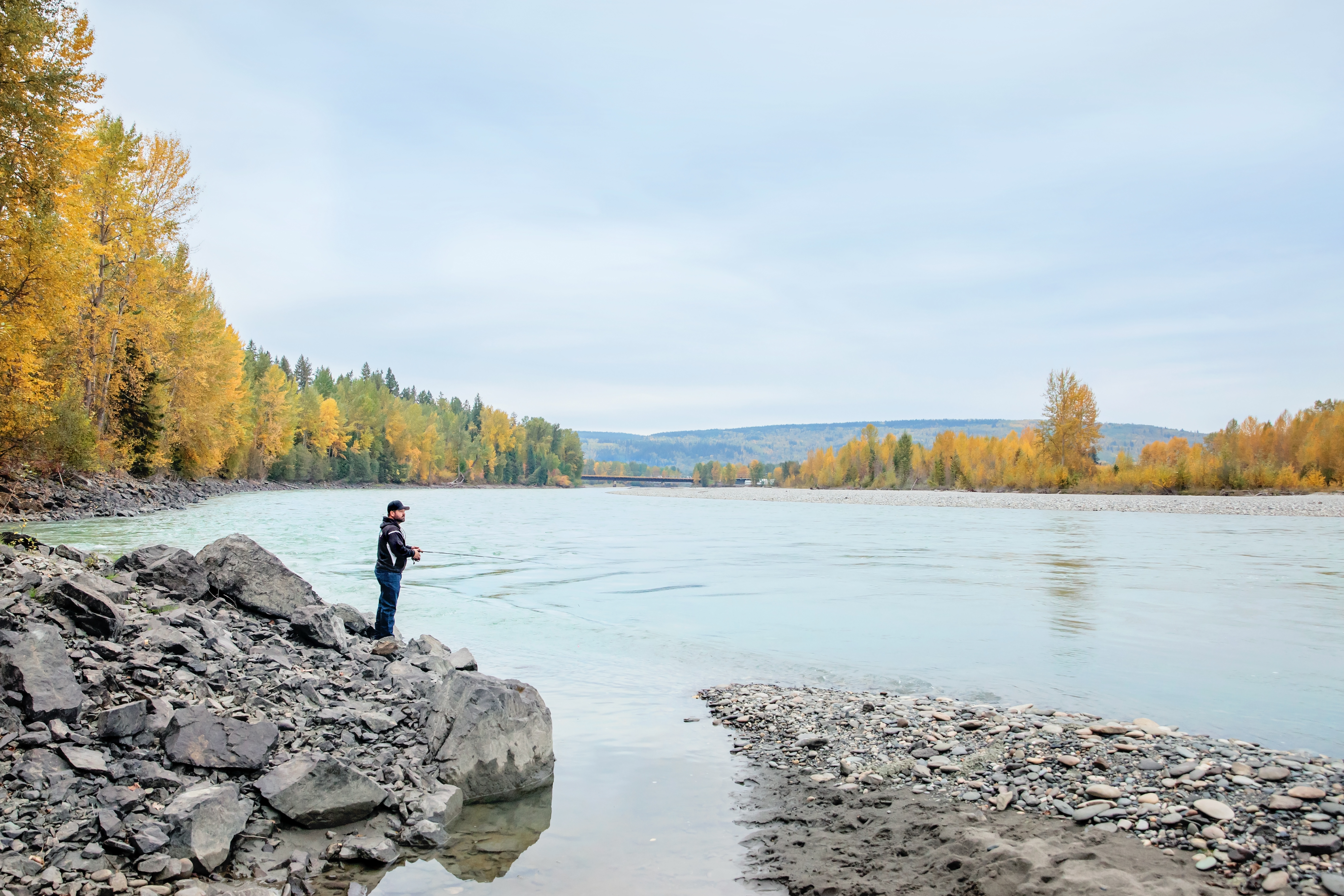 A man fishes enjoys fishing in the calm Quesnel River during the fall with mountains and colourful foliage in the background