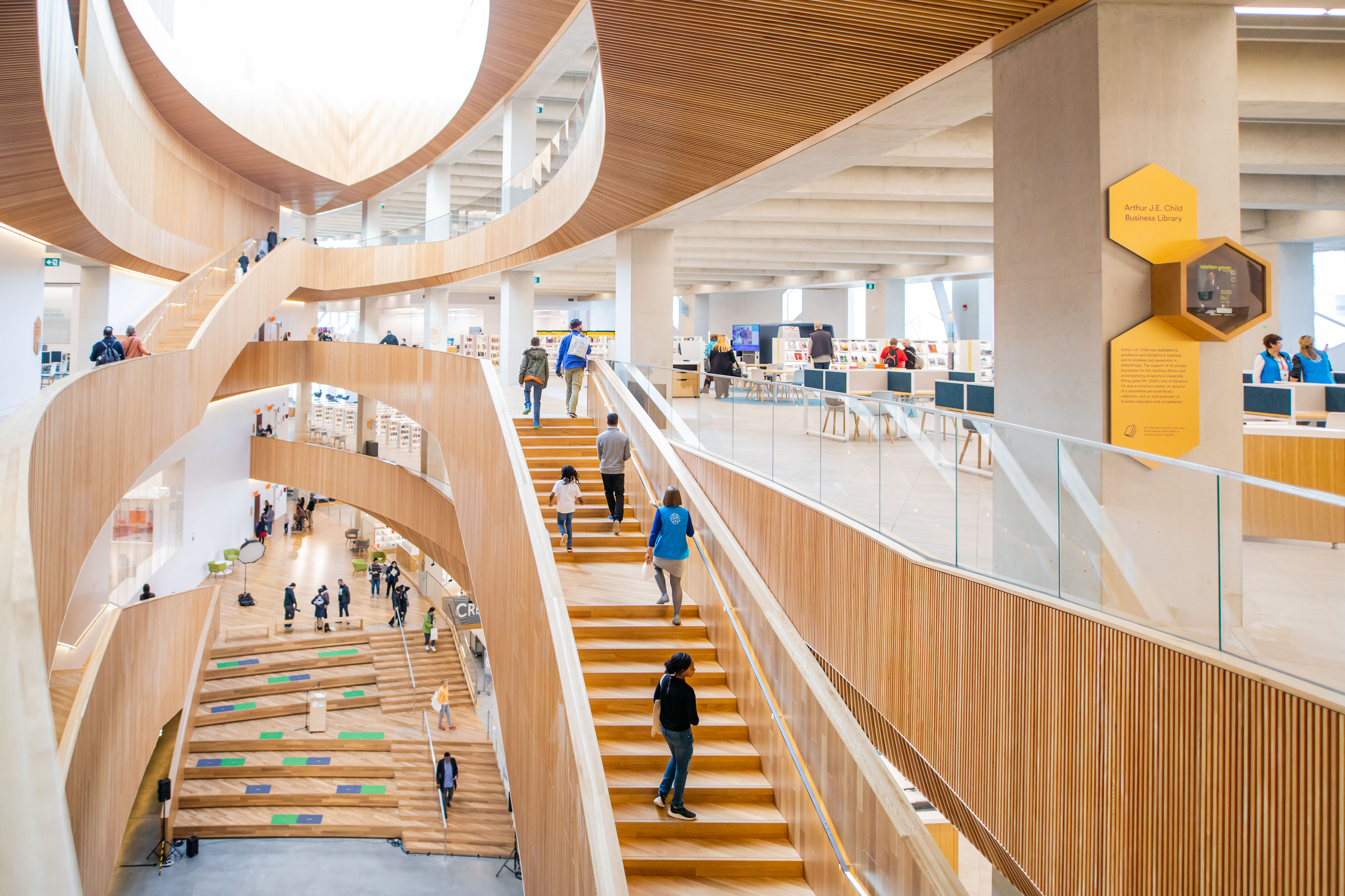 View of curving stairways inside the Calgary Central Library