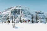 Group snowshoeing, running down a hill in the Canadian Rockies