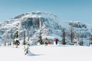 Group snowshoeing, running down a hill in the Canadian Rockies