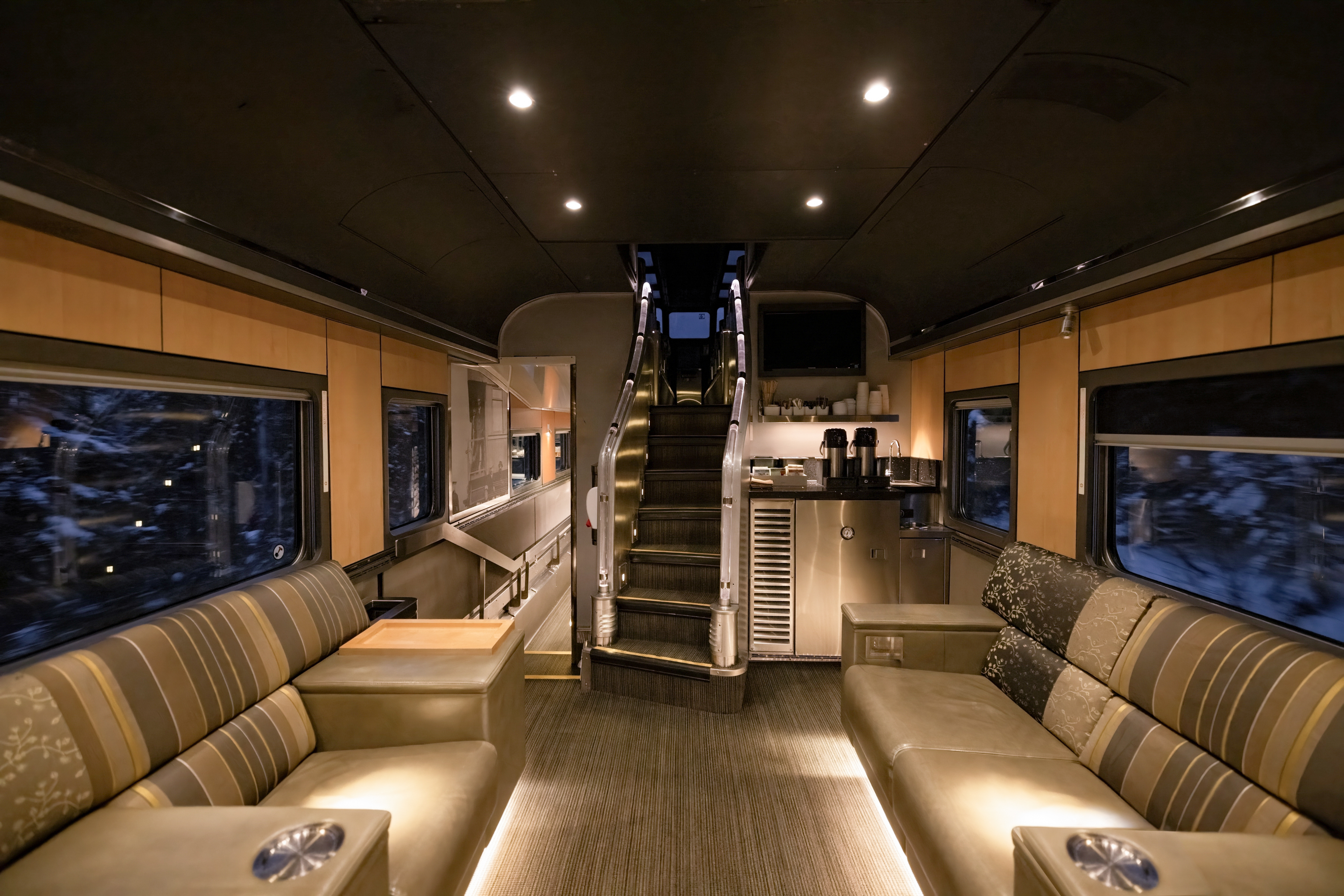 Stairs to Bullet Lounge located at back of Prestige Park car onboard VIA Rail's train, The Canadian