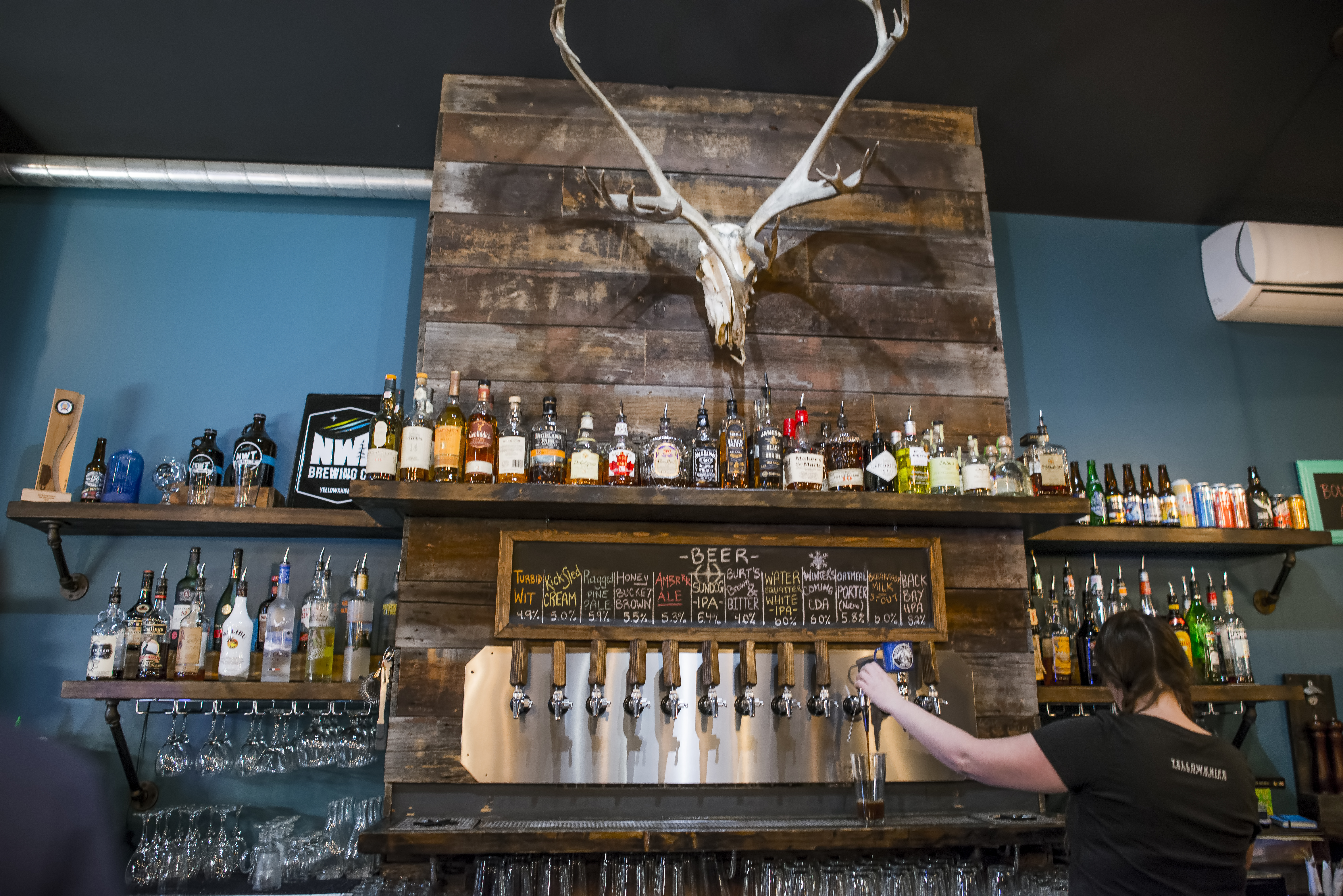 Bartender pours Oatmeal Porter Nitro beer into glass in microbrewery 