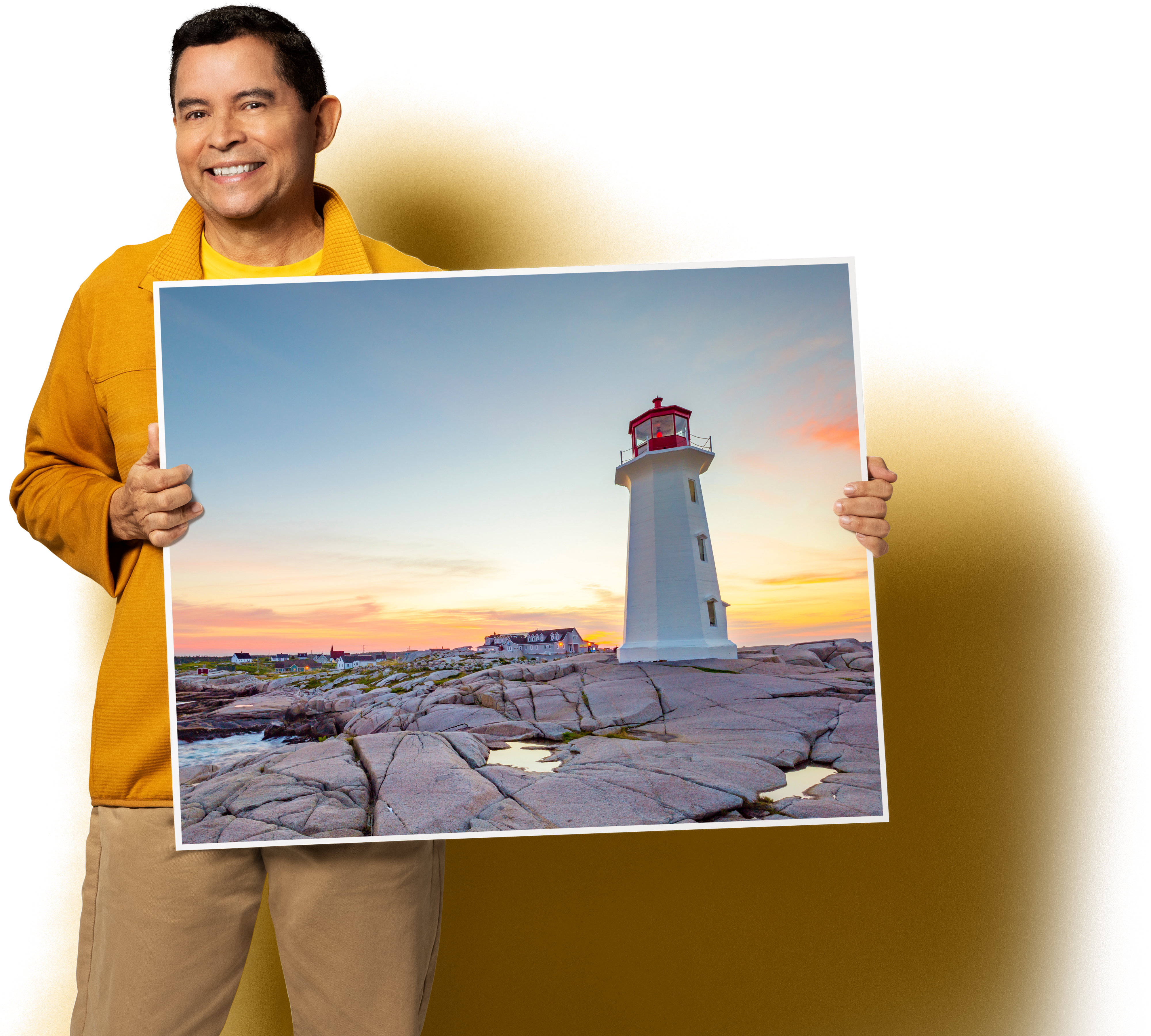 A person holding a large sign board with Canadian scenery on it