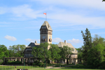 The Assiniboine Park Pavilion, a Tudor-style building, in the middle of a large green space