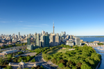 View of Toronto downtown, park spaces and the edge of Lake Ontario