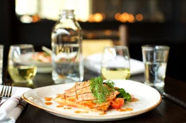 A salmon dinner on a Holland America Cruise