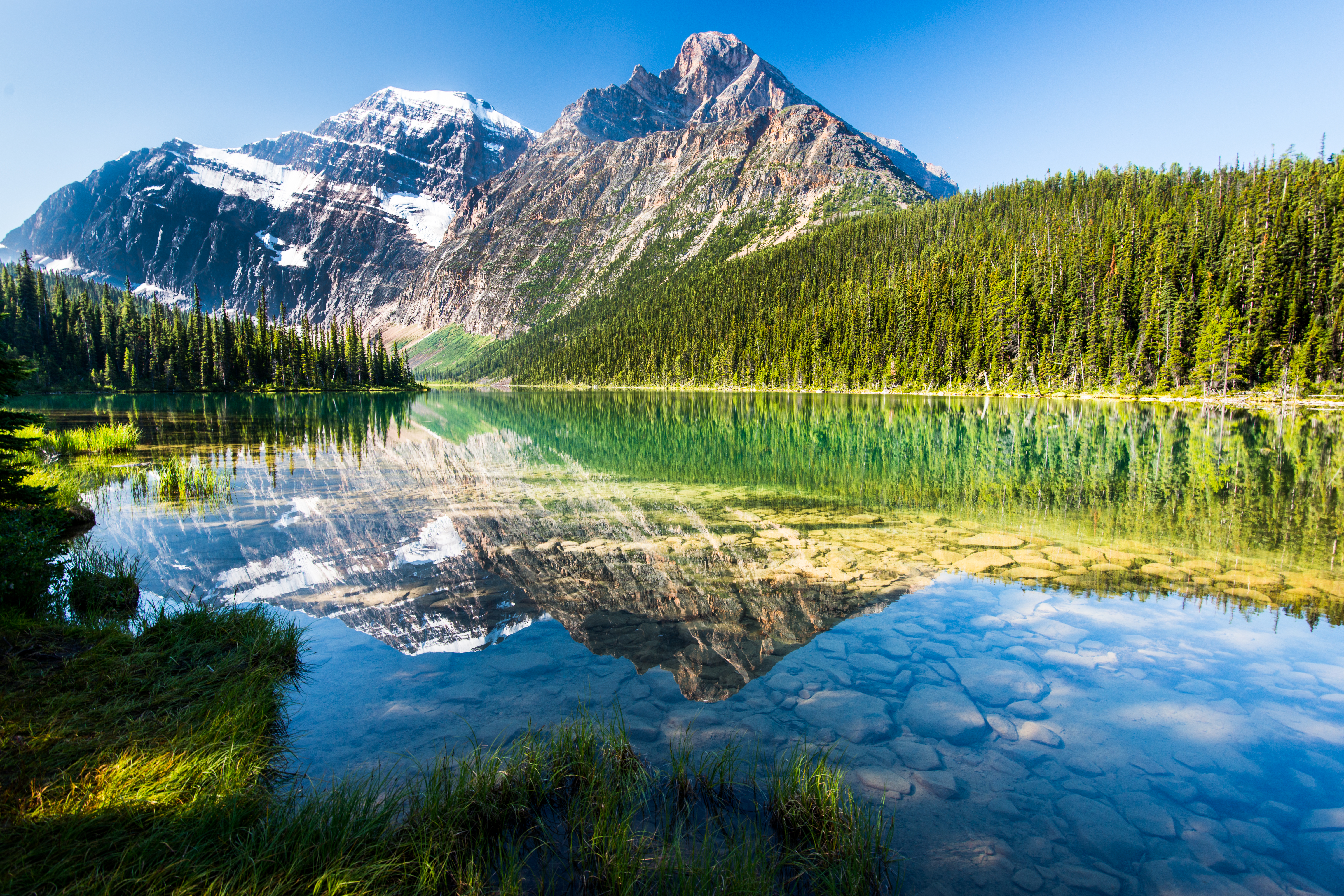 Scenic view of forests and Mount Edith Cavell reflected in Cavell Lake in Jasper National Park
