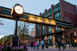 Gooderham and Worts signage above a pathway in the Distillery District