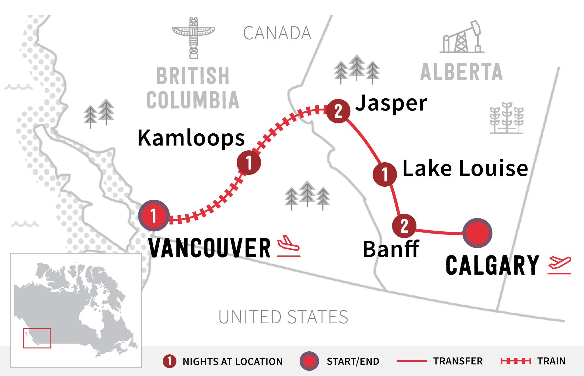 Route map of Complete Canadian Rockies by Rail from Vancouver to Calgary