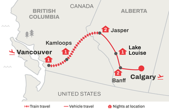 Route map of Complete Canadian Rockies by Rail from Vancouver to Calgary