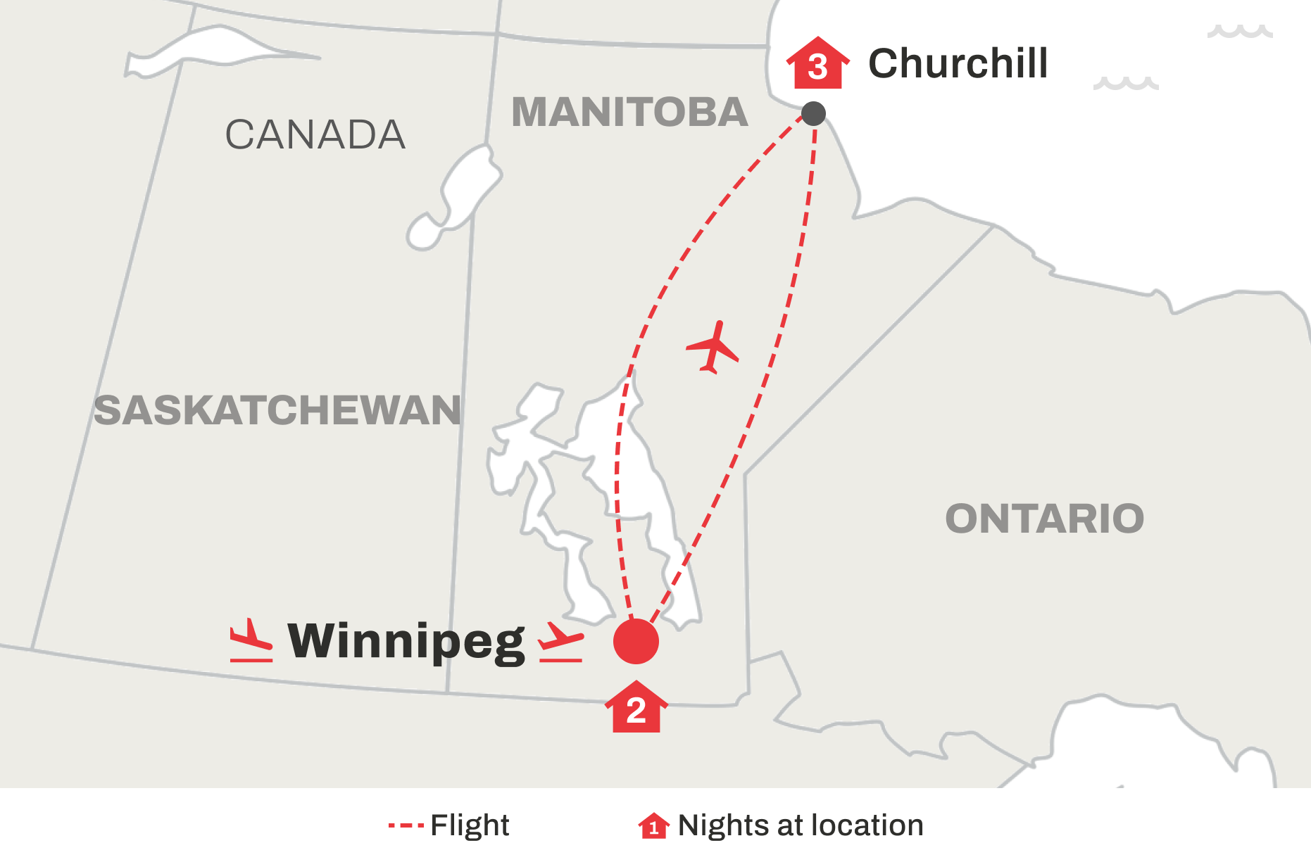 Route map of Northern Lights of Churchill trip from Winnipeg to Churchill