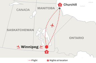Route map of Northern Lights of Churchill trip from Winnipeg to Churchill
