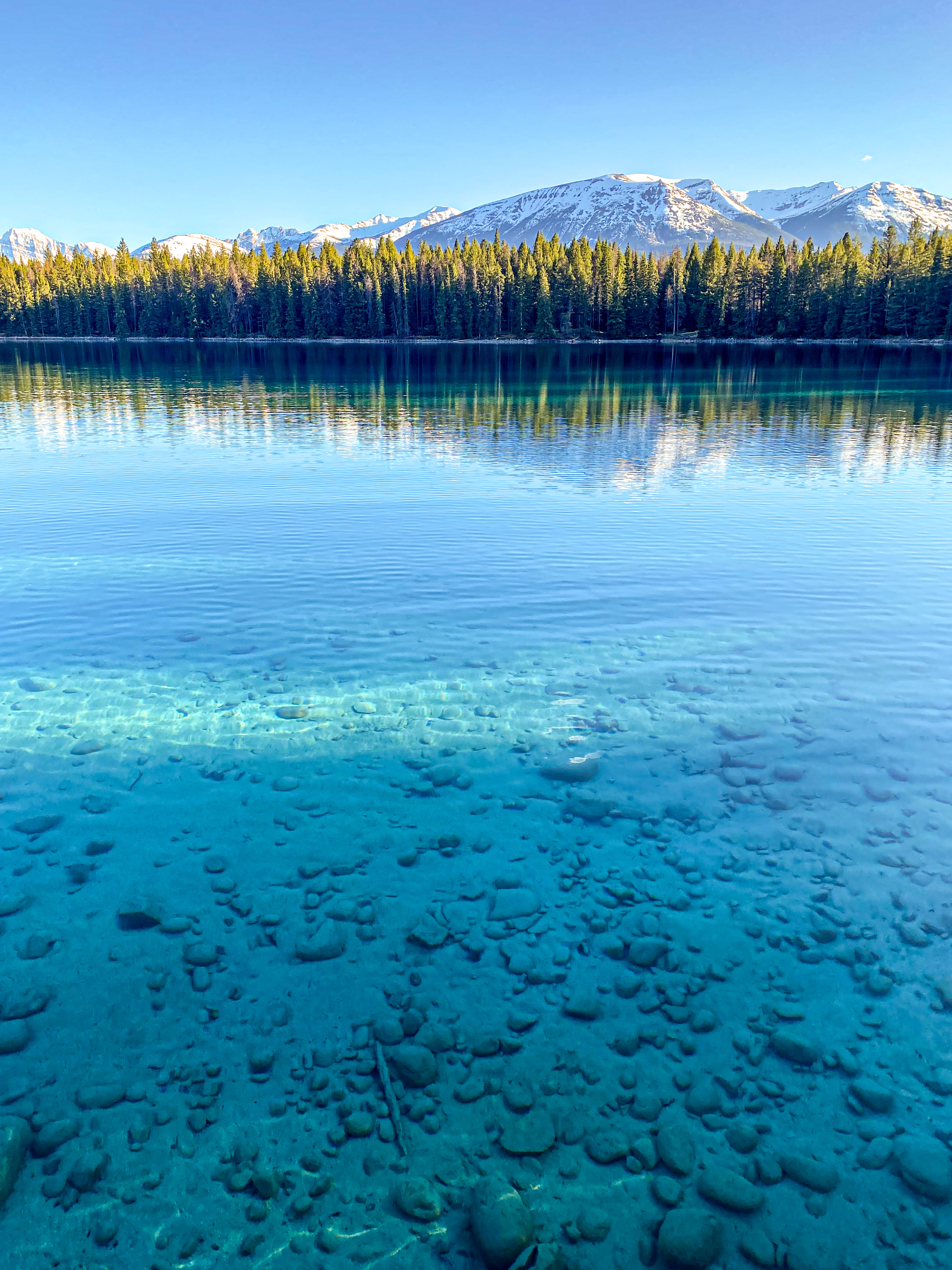 Subalpine forest lines Lake Annette with a row of mountains peeking behind lush trees