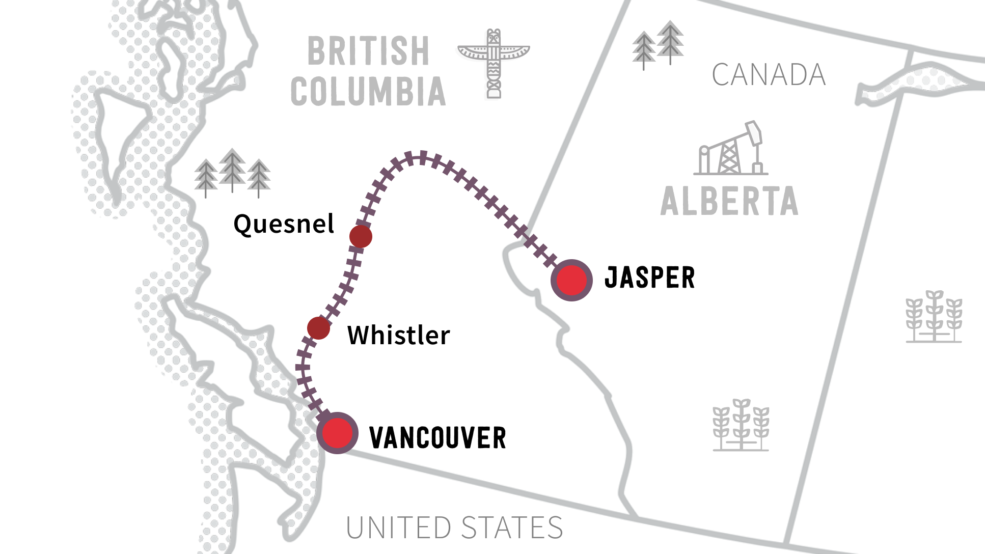 Map of Rainforest to Gold Rush Rocky Mountaineer route 