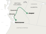 Route map of Rocky Mountaineer’s Rainforest to Gold Rush train trip