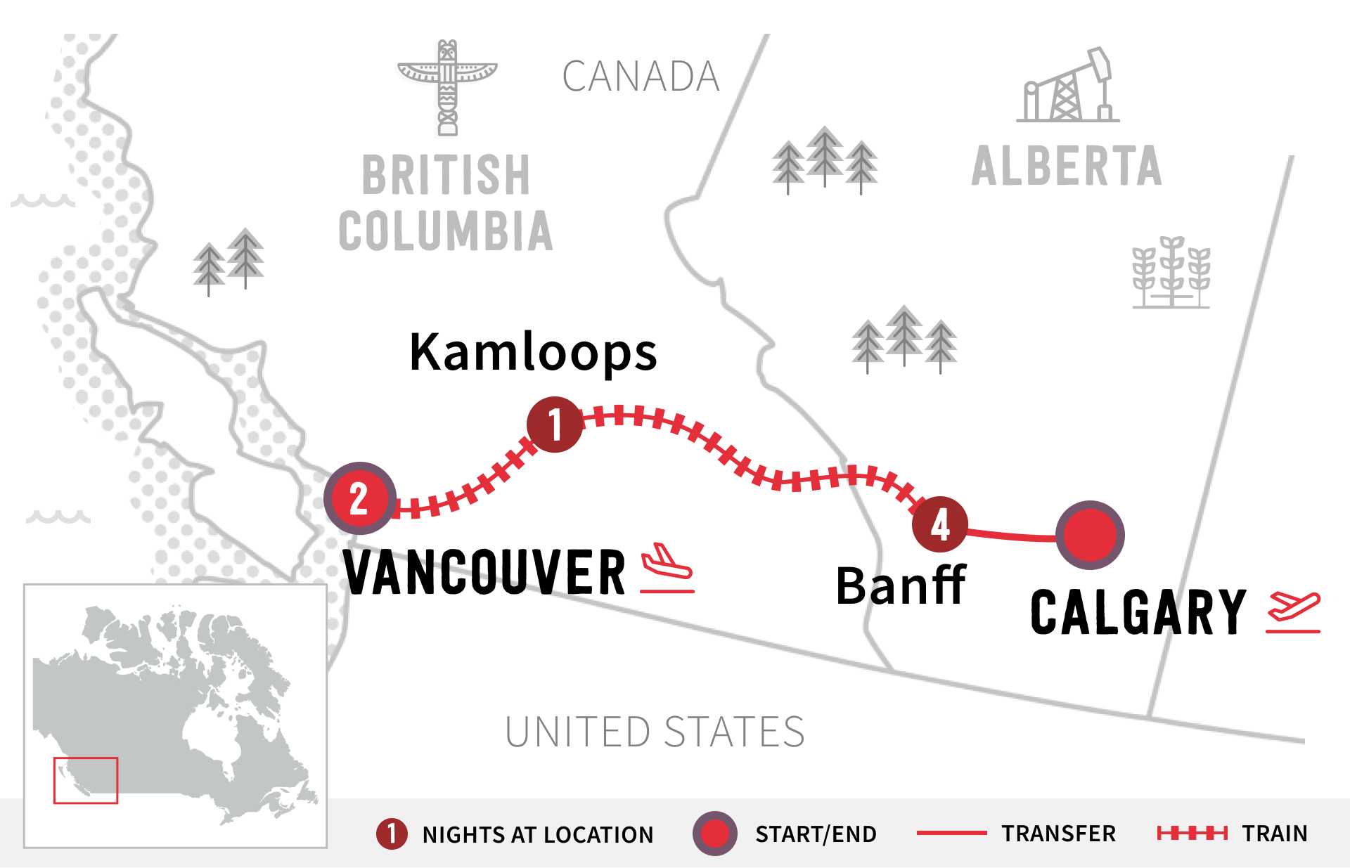 Route map of Banff and Canadian Rockies Explorer trip from Vancouver to Calgary.