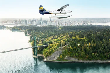 A seaplane flies over Vancouver 