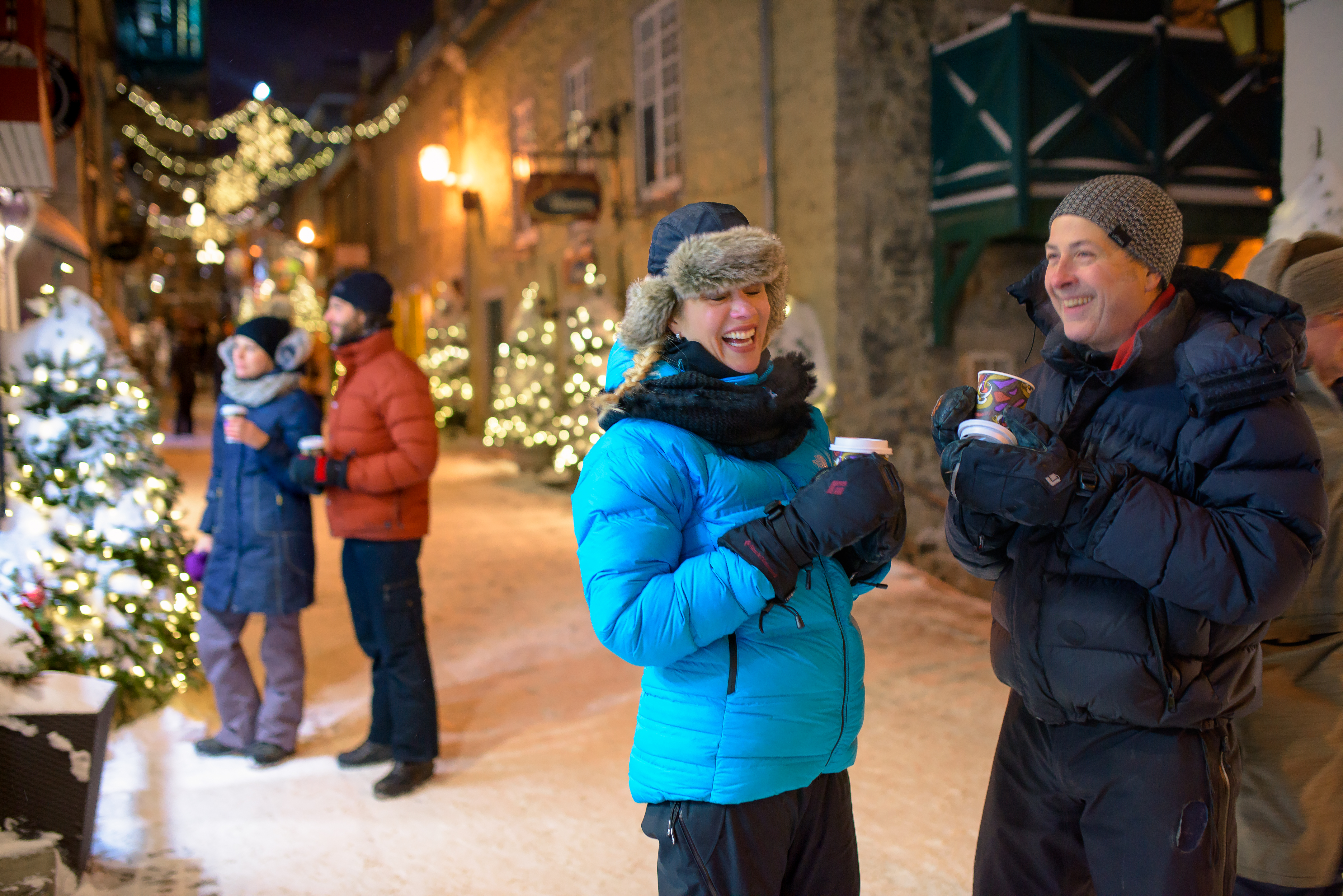 Couple enjoying hot chocolate in Quebec City