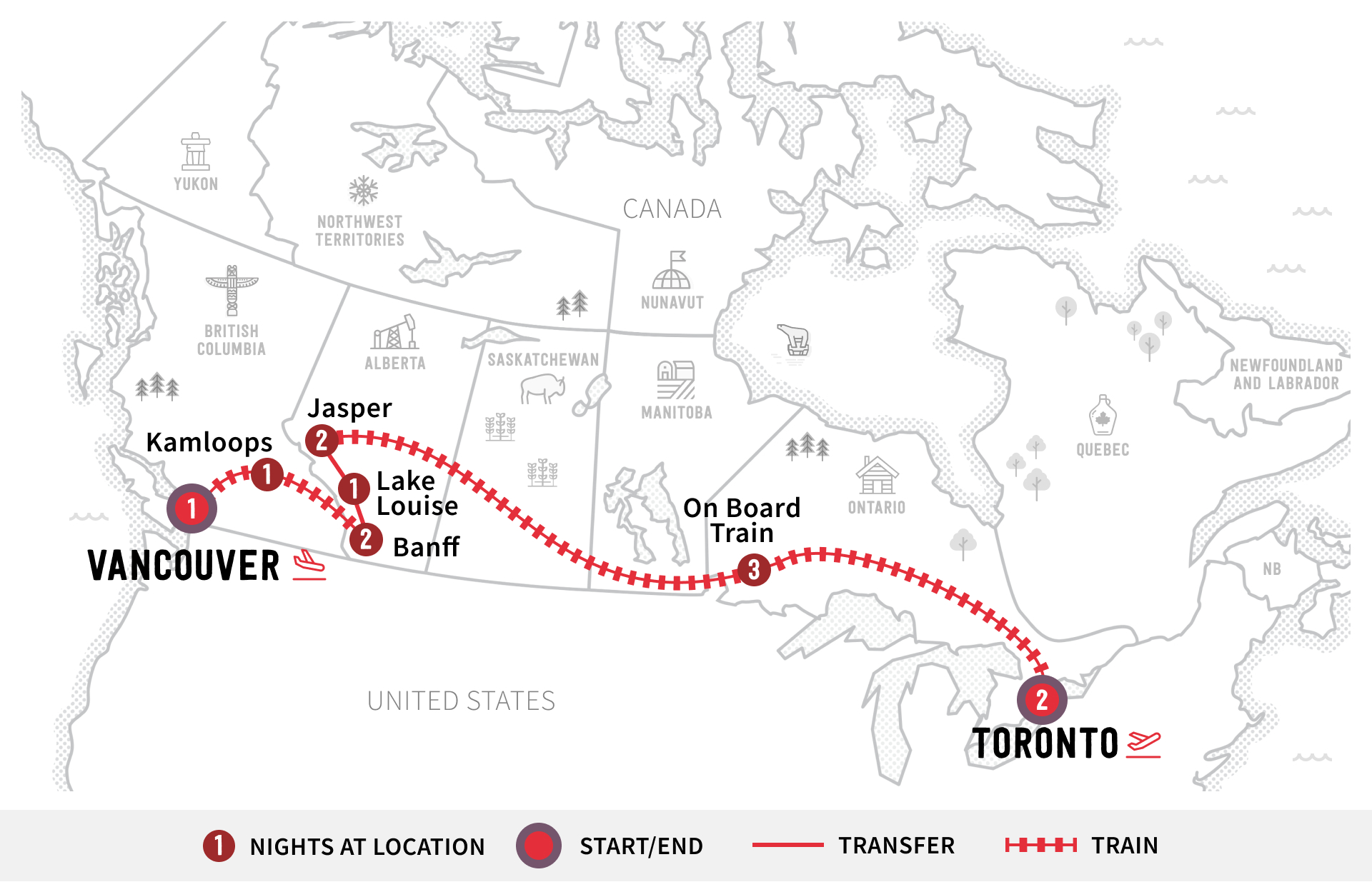 Route map of Across Canada by Train trip from Vancouver to Toronto