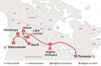 Route map of Across Canada by Train trip from Vancouver to Toronto