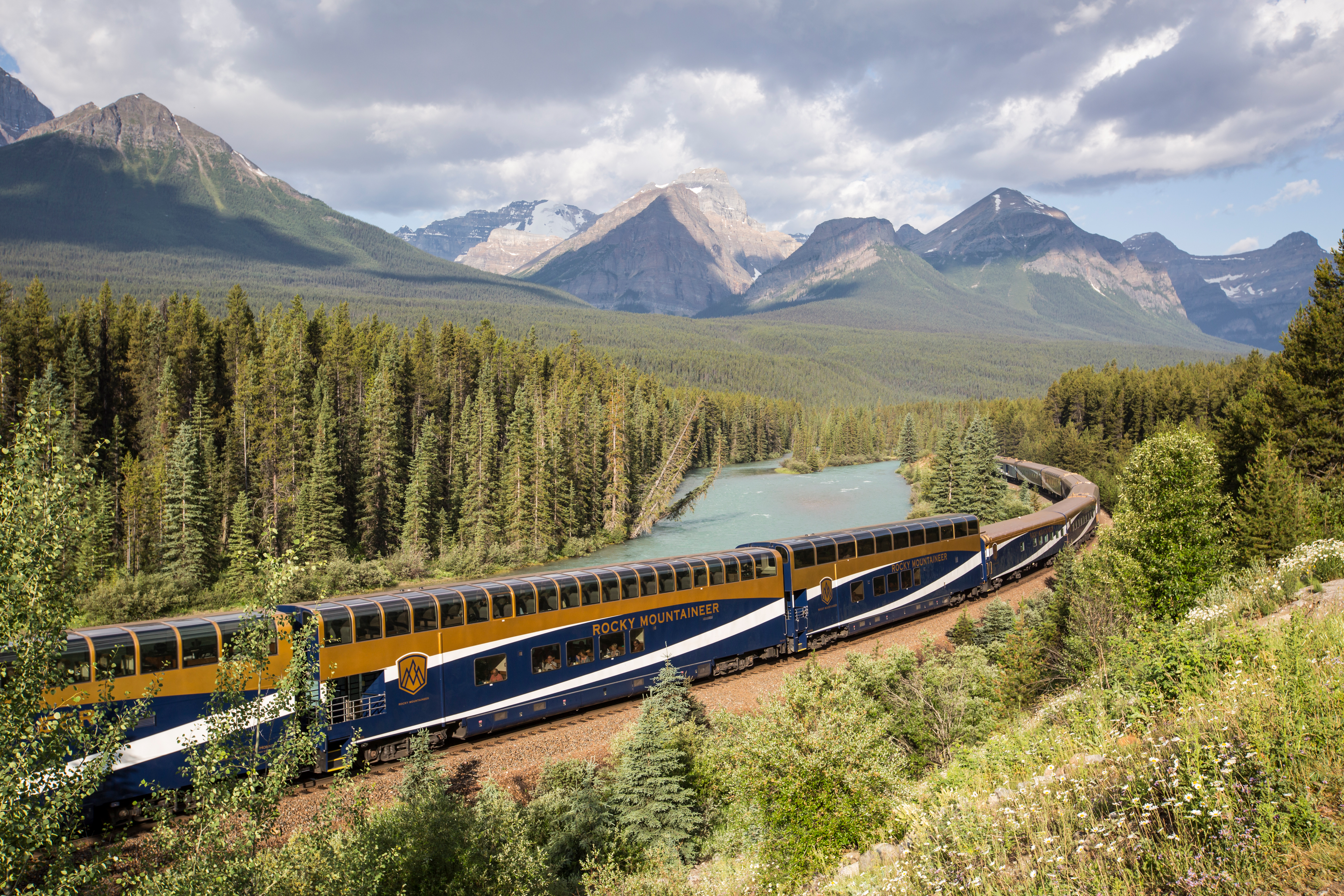 Rocky Mountaineer train following the Bow River 