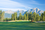 View vibrant golf course with picturesque mountain range in the distance