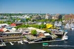 View of Granville Island Public Market and the marina with Aquabus in front