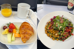 Rocky Mountaineer food in SilverLeaf, including croissant and fruit plate and a chickpea salad