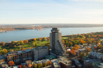 View of Quebec City, fall colours and the St. Lawrence River from above