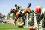 A horse and rider show jumping on a sunny day