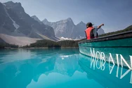 Canoeing in Moraine Lake in Banff, Alberta.