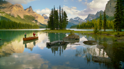 Father and son in canoe fishing on Maligne Lake