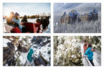 A couple enjoys a sleigh ride and takes in the snowy landscape around them on a clear day during winter time, A view of Fairmont Banff Springs hotel and surrounding forest after snow, Turquoise river in Athabasca Canyon and rocky landscape covered in white snow, Couple stand on suspension bridge at Lynn Canyon Park with a view of tall trees covered in snow