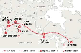 Route map of The Canadian Prestige Journey from Vancouver to Toronto