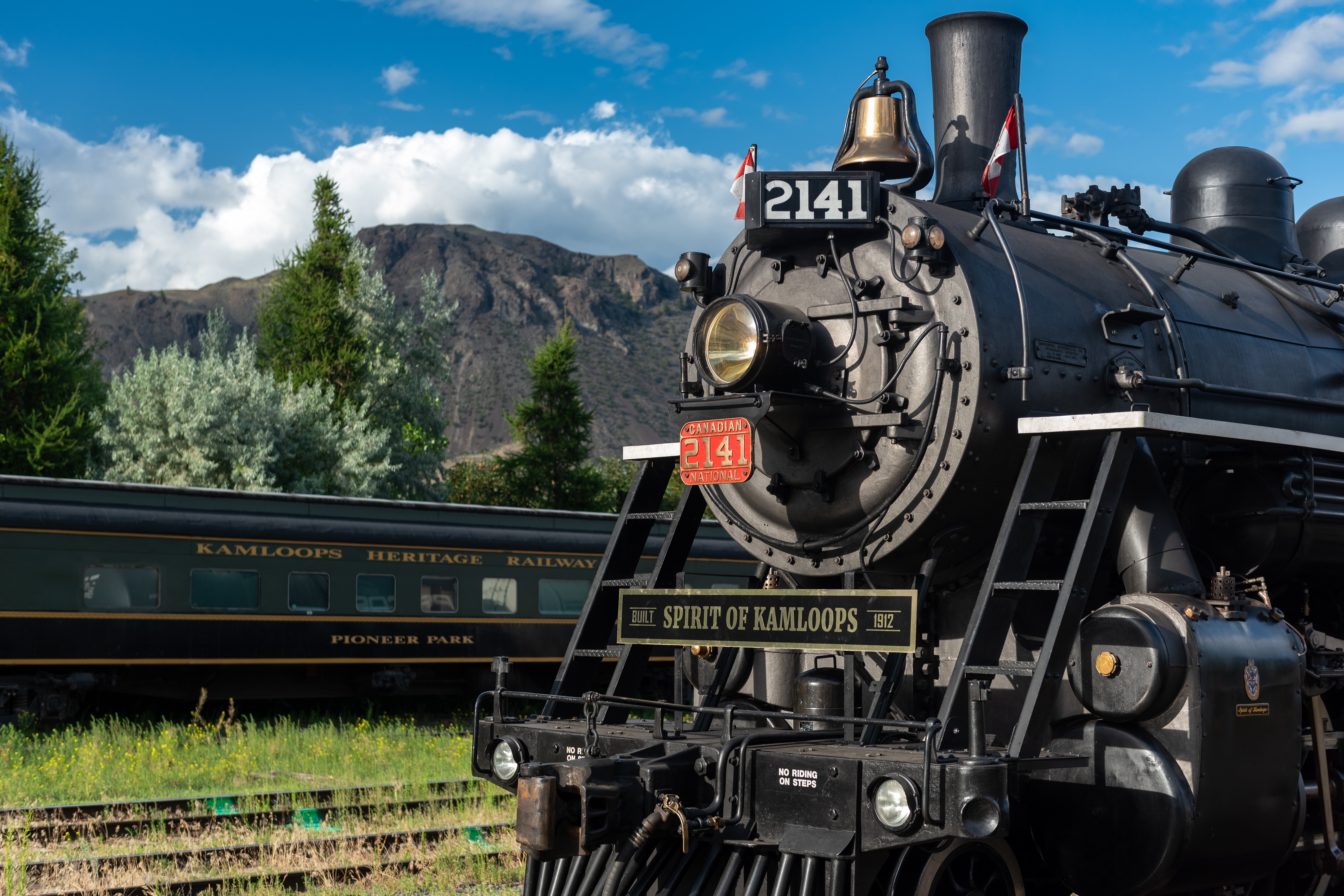 Close up of a steam locomotive at the Kamloops Heritage Railway