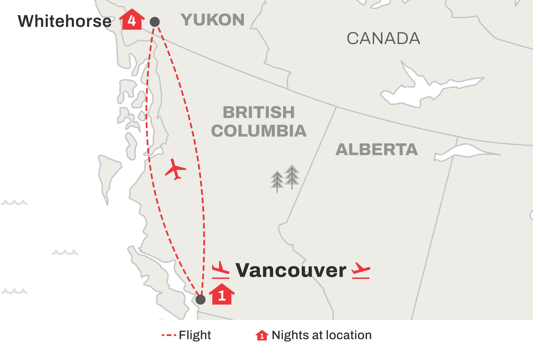 Route map of Northern Lights of the Yukon trip from Vancouver to Whitehorse