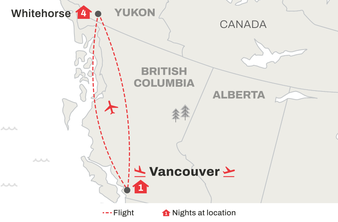 Route map of Northern Lights of the Yukon trip from Vancouver to Whitehorse