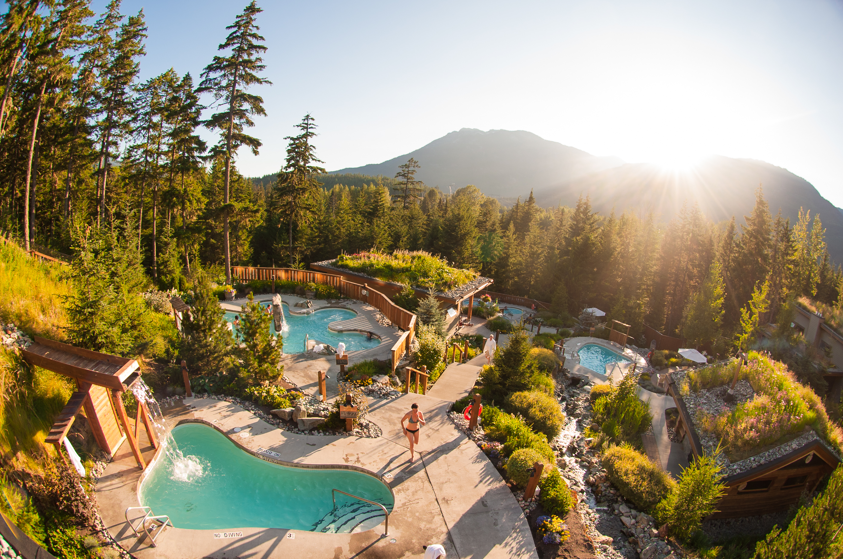 View of outdoor hot pools surrounded by trees at Scandinave Spa Whistler