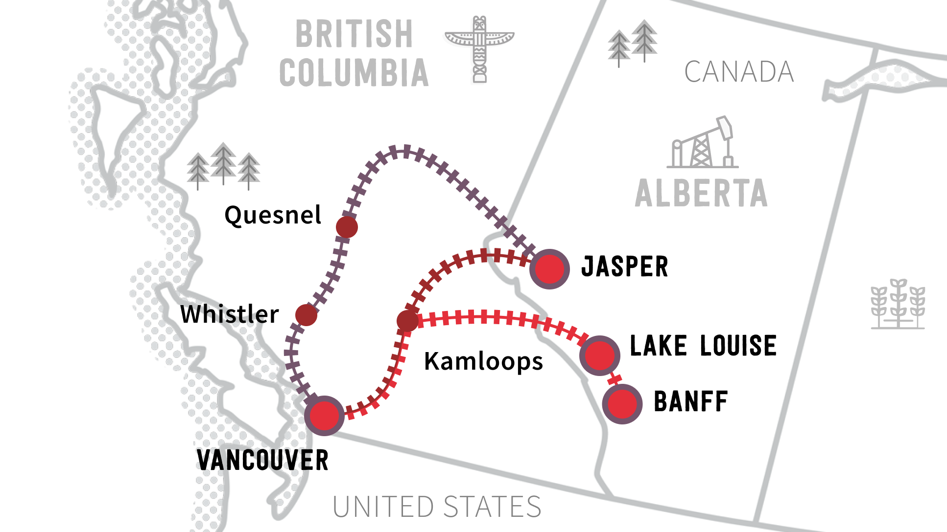 Map of Rocky Mountaineer’s three train routes