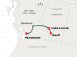 Route map for the Rocky Mountaineer from Vancouver to Banff