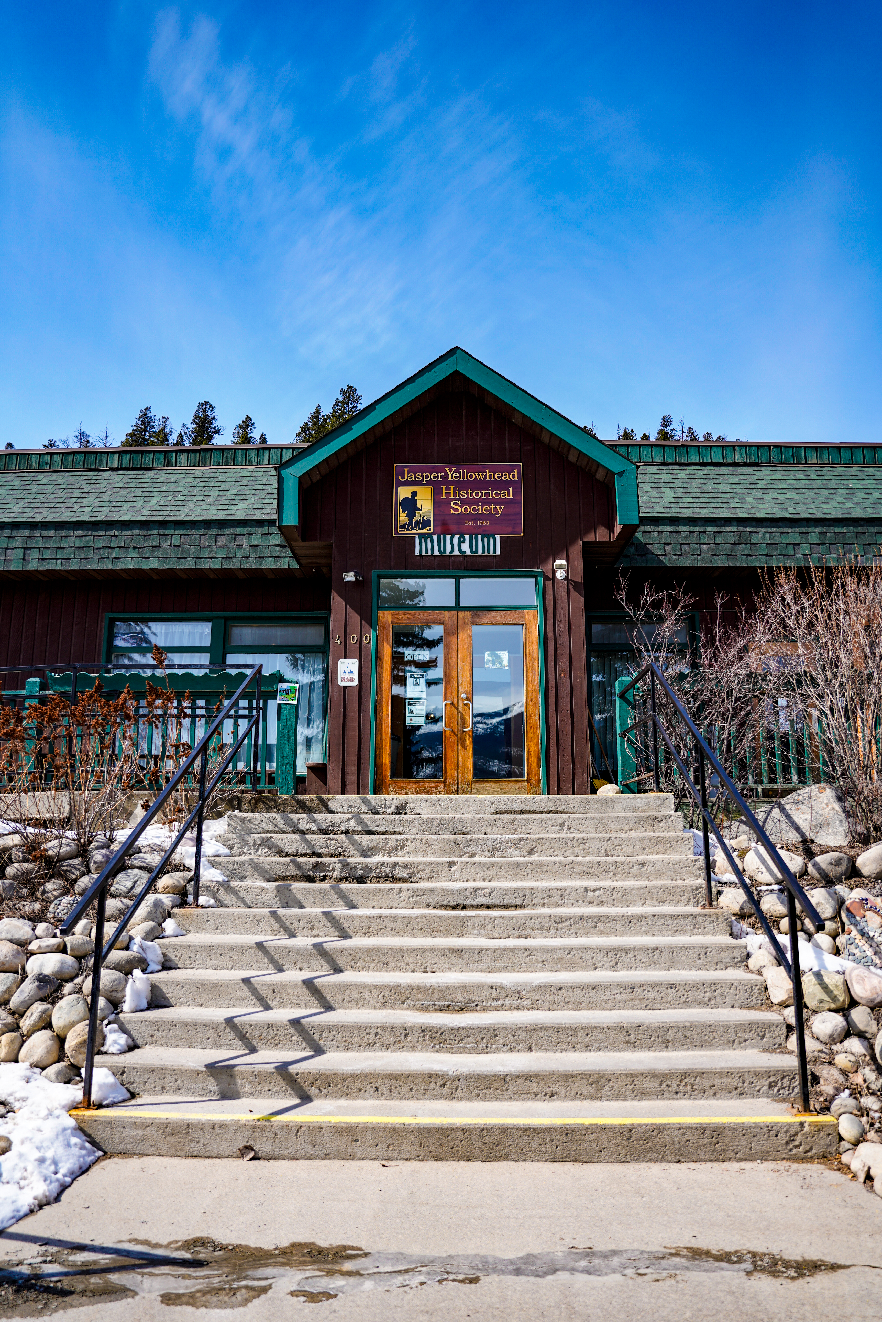 View of entrance to building with blue sky in the background