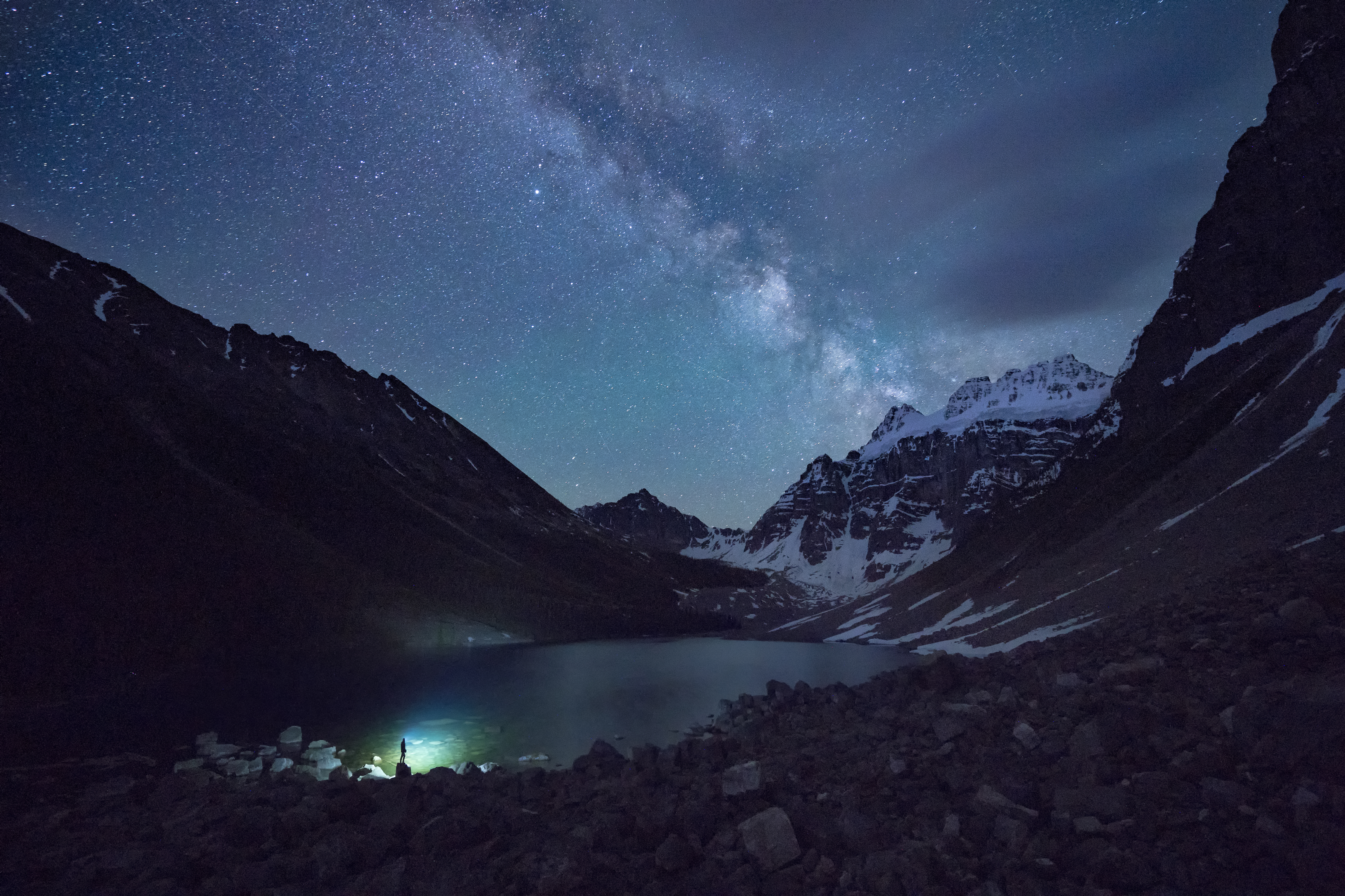 Panorama Peak, Mount Bident, and Quadra Mountains near Consolation Lakes on a starry night