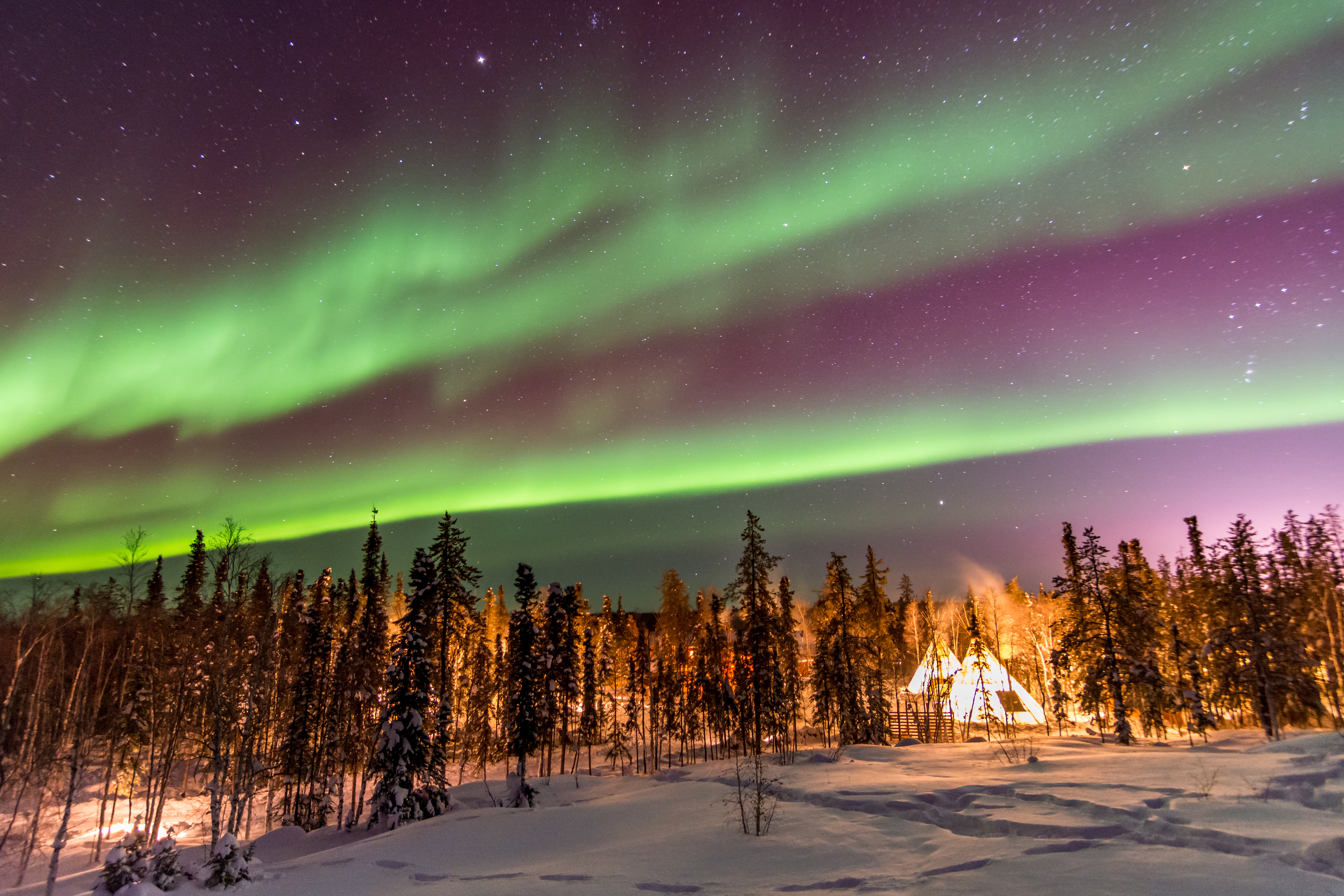 Northern Lights over teepee in the Aurora Village, Yellowknife