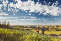 Couple hiking in a grassy field with blue sky above.