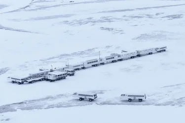 Aerial view of the Tundra Buggy Lodge on the snow