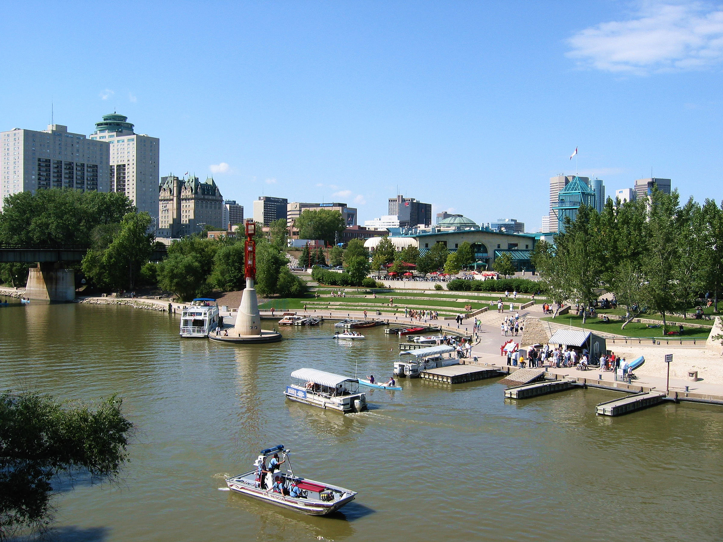 The Forks National Historic Site on the bank of the Red River during summer in Winnipeg
