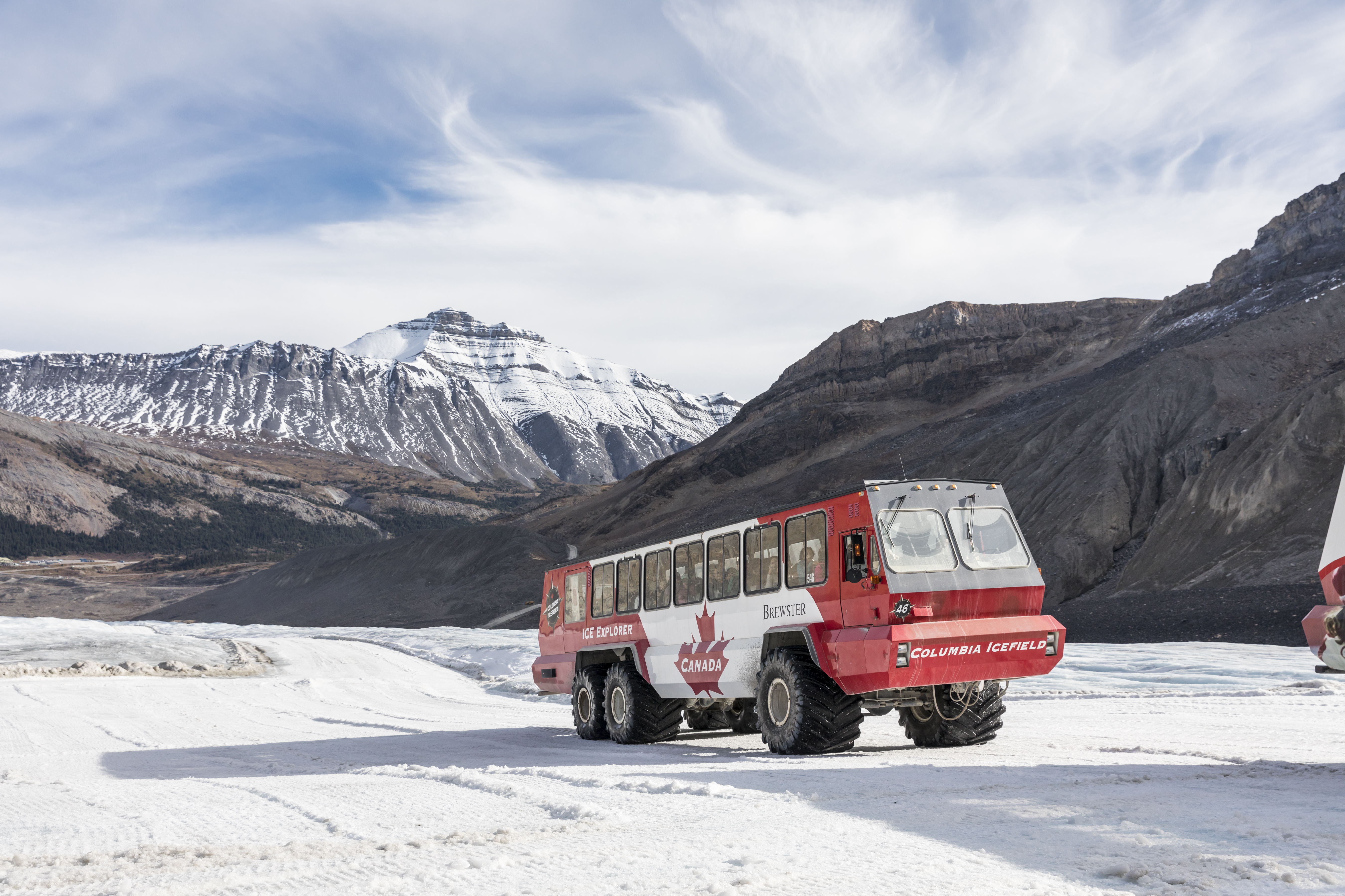 The Ice Explorer makes its way along the ice of the Athabasca Glacier