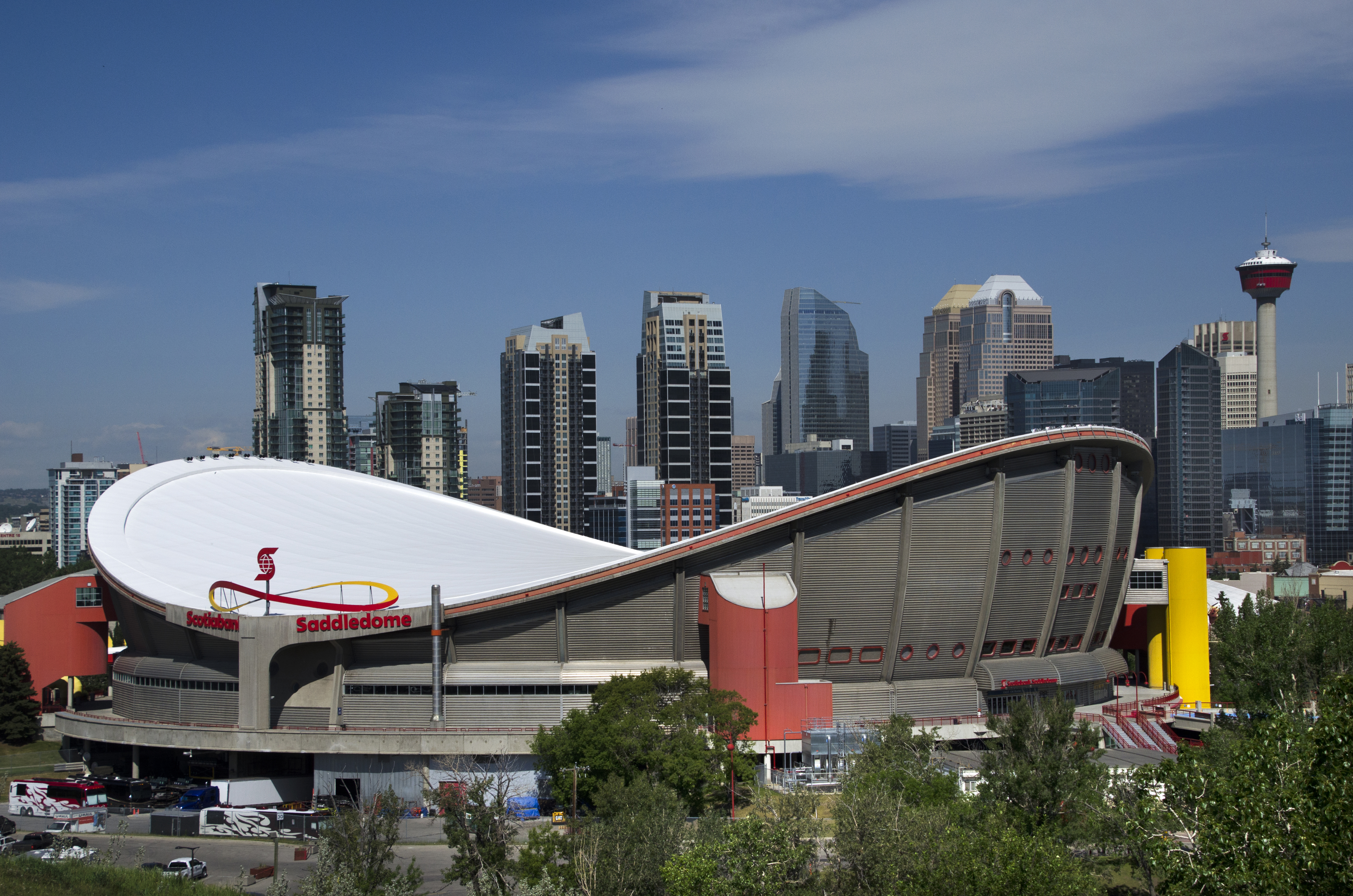 View of Scotiabank Saddledome area, skyscrapers and Calgary tower