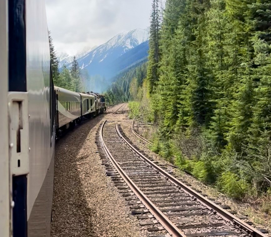 Rocky Mountaineer train travelling towards the mountains